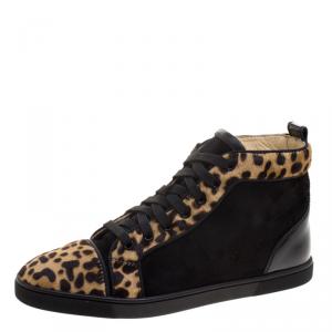 مملوكة مسبقًا Christian Louboutin Leopard Print Pony Hair And Suede Bip-Bip High Top Sneakers Size 38.5