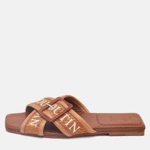 Christian Louboutin Brown Logo Canvas and Leather Crossimule Flat Slides Size 37.5