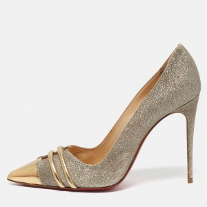 Christian Louboutin Metallic Gold Glitter and Leather Front Double Pumps Size 37