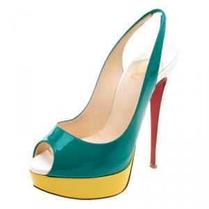 Pre Owned صندل كريستيان لوبوتان فتحة كعب نعل سميك مقدمة مفتوحة ليدي جلد لامعة ثلاثية اللون مقاس 36.5