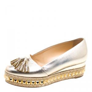 Christian Louboutin Metallic Leather Carmel CA Wedge Espadrille Size 35