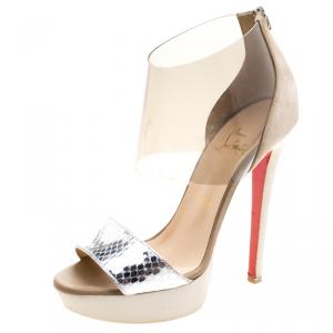 Christian Louboutin Metallic Silver Python and PVC Dufoura Platform Sandals Size 37