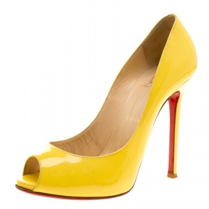 Pre Owned Christian Louboutin Yellow Patent Leather Flo Peep Toe Pumps Size 37