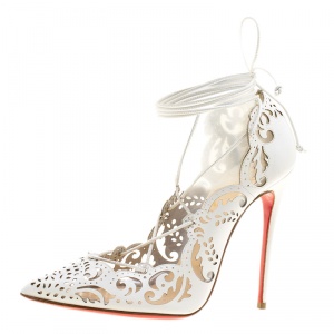 مملوكة مسبقًا Christian Louboutin White Laser Cut Leather Impera Lace Up Pointed Toe Pumps Size 35.5
