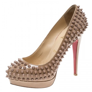 Pre Owned Christian Louboutin Beige Patent Leather Alti Spikes Platform Pumps Size 37