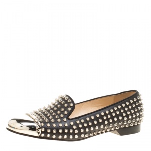 Pre Owned Christian Louboutin Black Spike Studded Leather Glitz Smoking Slippers Size 41.5