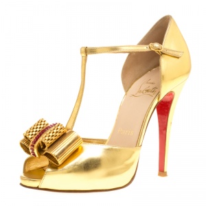 Pre Owned Christian Louboutin Metallic Gold Leather Archidisco T Strap Peep Toe Sandals Size 37
