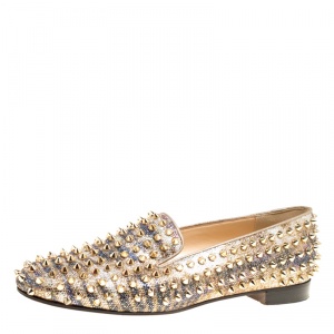 Pre Owned Christian Louboutin Metallic Glitter Fabric Rolling Spikes Smoking Slippers Size 40