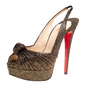 Pre Owned Christian Louboutin Black and Gold Glitter Fabric Jenny Platform Slingback Sandals Size 38.5