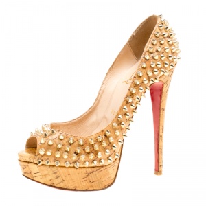 Pre Owned Christian Louboutin Beige Cork Lady Peep Toe Spike Platform Pumps Size 36.5
