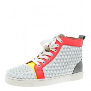 مملوكة مسبقًا Christian Louboutin Multicolor Leather Louis Spikes Lace Up High Top Sneakers Size 38