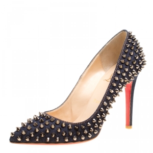 Pre Owned Christian Louboutin Blue Denim Pigalle Follies Spikes Pumps Size 37.5