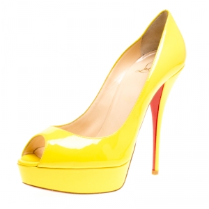 Pre Owned Christian Louboutin Yellow Patent Leather Lady Peep Toe Platform Pumps Size 39