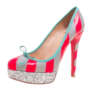 Pre Owned Christian Louboutin Fluorescent Pink/Grey Striped Leather Foraine Glitter Platform Pumps Size 37.5