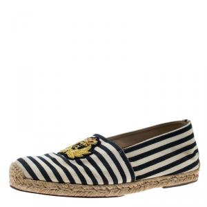 مملوكة مسبقًا Christian Louboutin Black/White Striped Canvas Gala Embroidered Crest Espadrille Loafers Size 40