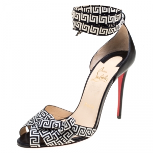 Pre Owned Christian Louboutin Black/Monochrome Leather and Fabric Christeriva Ankle Wrap Sandals 37.5