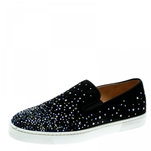 Pre Owned Christian Louboutin Black Suede Dolcita Crystal Star Embellished Slip On Sneakers Size 37