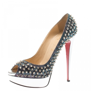 مملوكة مسبقًا Christian Louboutin Metallic Lame Lady Peep Spike Platform Pumps Size 40.5