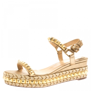 Pre Owned Christian Louboutin Metallic Gold Studded Leather Cataclou Espadrille Wedge Sandals Size 37