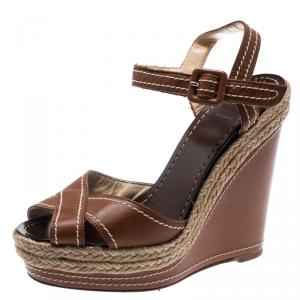 Christian Louboutin Brown Leather Almeria Cross Strap Espadrille Wedge Sandals Size 36