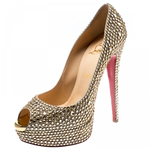 مملوكة مسبقًا Christian Louboutin Metallic Suede And Crystal Embellished Burma Daffodile Peep Toe Platform Pumps Size 40