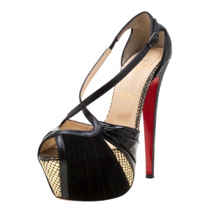 Pre Owned Christian Louboutin Black Patent Leather And Suede Cross Strap Platform Sandals Size 38