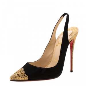 Pre Owned Christian Louboutin Black Suede And Metallic Gold Glitter Almine Pointed Toe Slingback Sandals Size 37