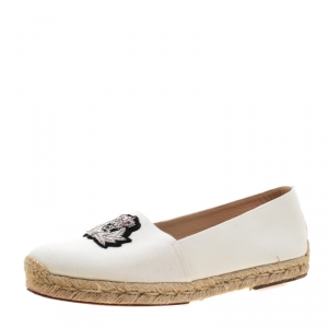 Pre Owned Christian Louboutin White Canvas Gala Embroidered Crest Espadrille Loafers Size 39