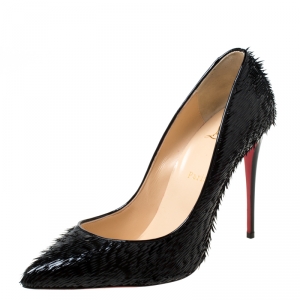 Pre Owned Christian Louboutin Black Fringed Patent Leather Pigallie Follies Crow Pointed Toe Pumps Size 40.5