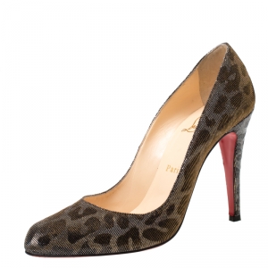 Pre Owned Christian Louboutin Metallic Gold/Silver Leopard Print Lamè Fabric Decollete Pumps Size 38.5