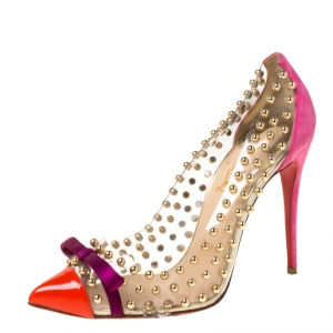مملوكة مسبقًا Christian Louboutin Multicolor Studded PVC Bille Et Boule Bow Pointed Toe Pumps Size 38.5