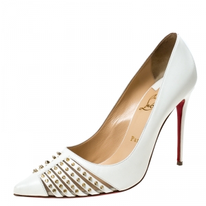 Pre Owned Christian Louboutin White Leather Bareta Spike Pointed Toe Pumps Size 39.5