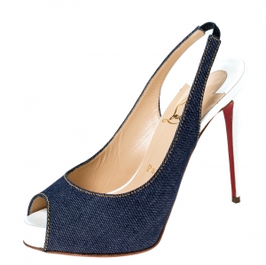  Christian Louboutin Blue Denim Fabric Lady Peep Toe Slingback Platform Sandals Size 35.5