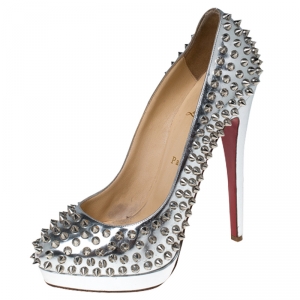 Pre Owned Christian Louboutin Metallic Silver Leather Alti Spike Platform Pumps Size 38.5