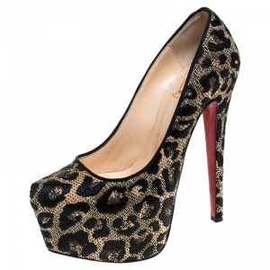 Pre Owned Christian Louboutin Two Tone Leopard Weave Raffia Daffodile Platform Pumps Size 37.5