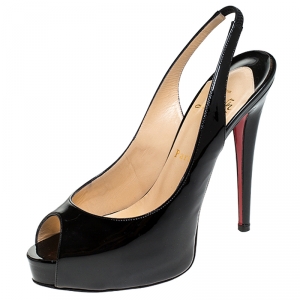 مملوكة مسبقًا Christian Louboutin Black Patent Leather Private Number Peep Toe Slingback Sandals Size 38.5