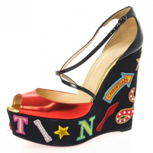 مملوكة مسبقًا Christian Louboutin Loubi Zeppa Crisscross Wedges Sandals Size 39.5