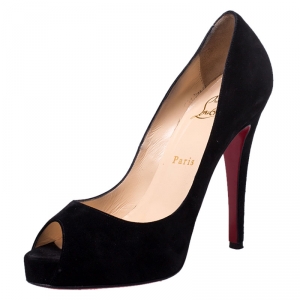 مملوكة مسبقًا Christian Louboutin Black Suede Hyper Prive Peep Toe Platform Pumps Size 38