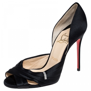 مملوكة مسبقًا  Christian Louboutin Black Pleated Crisscross Satin Peep Toe D'orsay Sandals Size 37