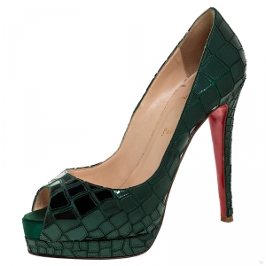 Pre Owned Christian Louboutin Green Satin And Mirror Plastic Prive Mosaic Peep Toe Pumps Size 41