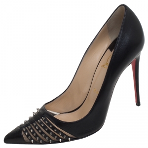 Pre Owned Christian Louboutin Black Leather Spike Pointed Toe Pumps Size 39