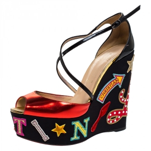 Pre Owned Christian Louboutin Red/Black Patent Leather Loubi Zeppa Crisscross Strass Wedge Platform Sandals Size 38