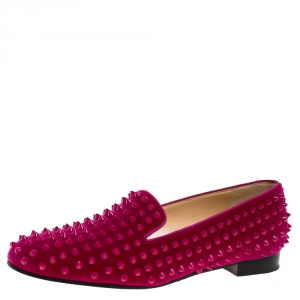 Pre Owned Christian Louboutin Pink Suede Leather Rolling Spikes Loafers Size 39