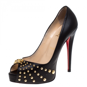 مملوكة مسبقًا Christian Louboutin Black Leather Door Knock Studded Peep Toe Platform Pumps Size 39