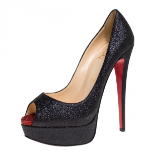 Pre Owned Christian Louboutin Black Glitter Lady Peep Peep Toe Platform Pumps Size 36.5