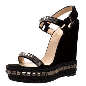 Pre Owned Christian Louboutin Black Studded Velvet Cataclou Espadrille Wedge Sandals Size 37