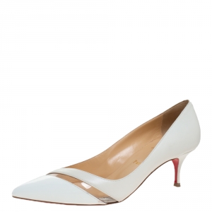 Pre Owned Christian Louboutin White Leather And PVC Trim 17th Floor Pointed Toe Pumps Size 38.5