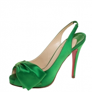 Pre Owned Christian Louboutin Green Satin Bow Embellished Slingback Platform Sandals Size 39.5