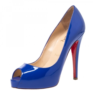 Pre Owned Christian Louboutin Blue Patent Leather Peep Toe Very Prive Pump Size 37