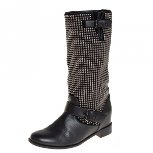 مملوكة مسبقًا Christian Louboutin Black Leather And Suede Studded Akhalil Mid Calf Boots Size 39